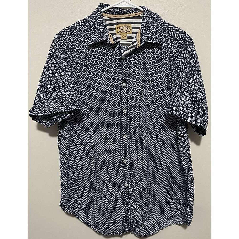 Daniel Cremieux Button Down Shirt Men L Navy Blue Collection Linen Short Sleeve